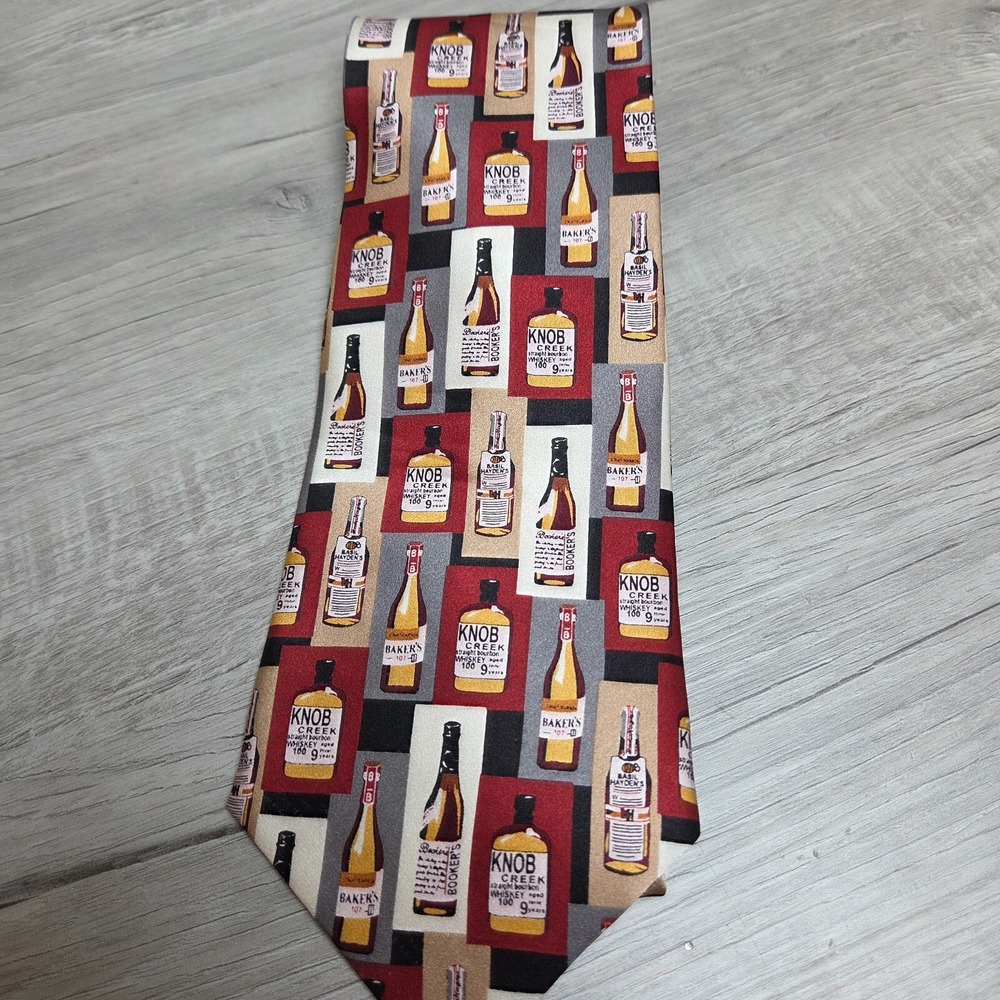 Knob Creek Silk Necktie 60 inch All Over Print USA Bottle Shapes Red Gray Black